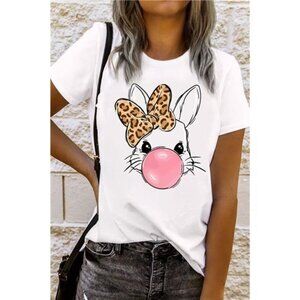 Leopard Bow Rabbit‎ Graphic Round Neck Short Sleeve T-Shirt